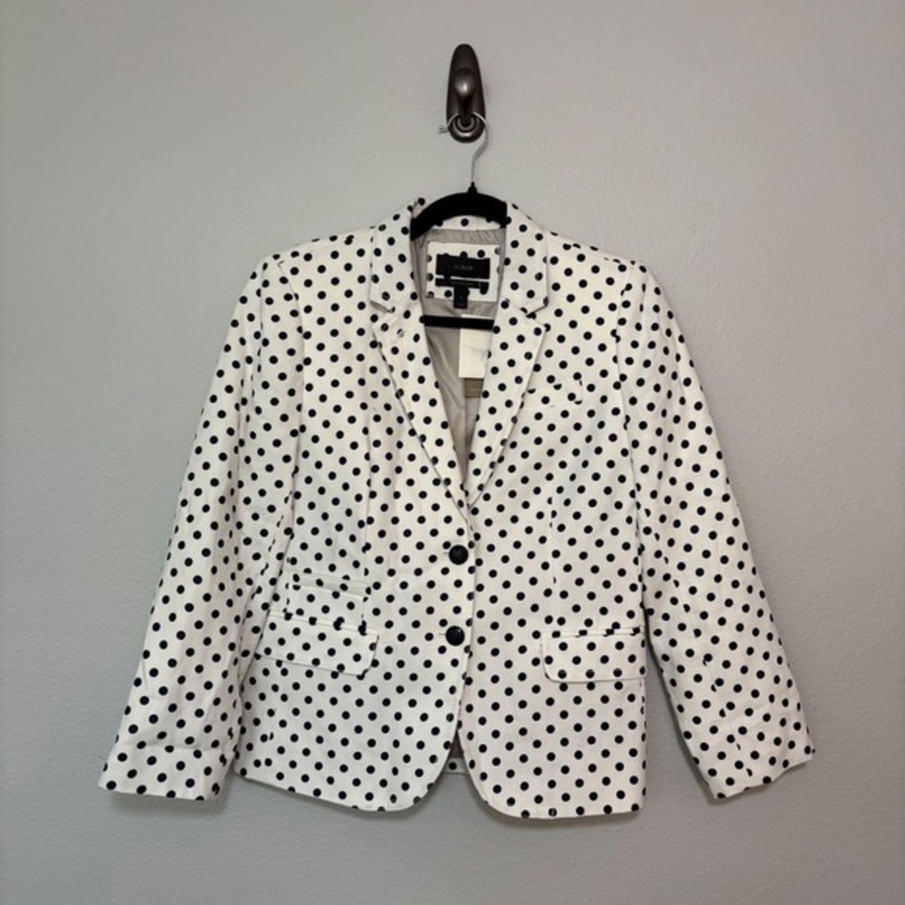 NWT J.Crew Schoolboy Blazer Womens 6 White Polka Dot Linen Jacket Coastal Career